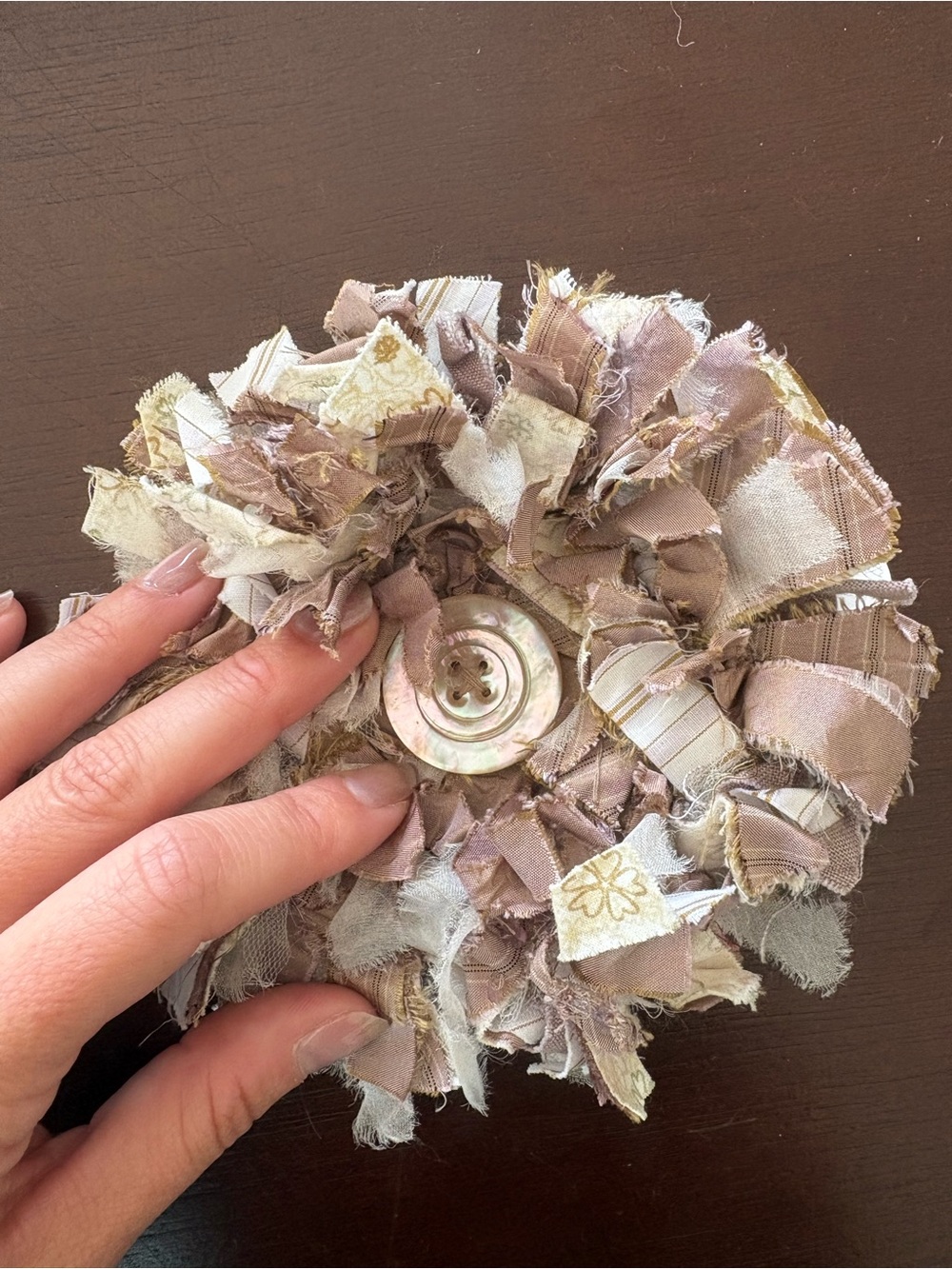 Neutral Beige Fabric Flower Brooch with Mother-of-Pearl Button